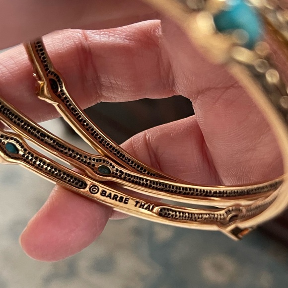 BARSE Bundle of 3 turquoise and agate signed antique bronze color metal bangles - Picture 3 of 8